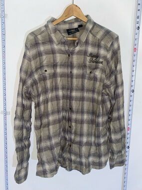 Harley-Davidson Cream & Gray Plaid Button-Front Shirt Long Sleeves Rare